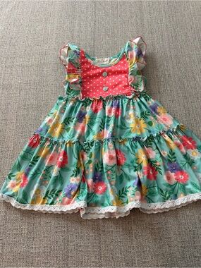 Marie Nicole Mint Floral Tiered Kids Dress w Coral Polka Bodice. Size XS